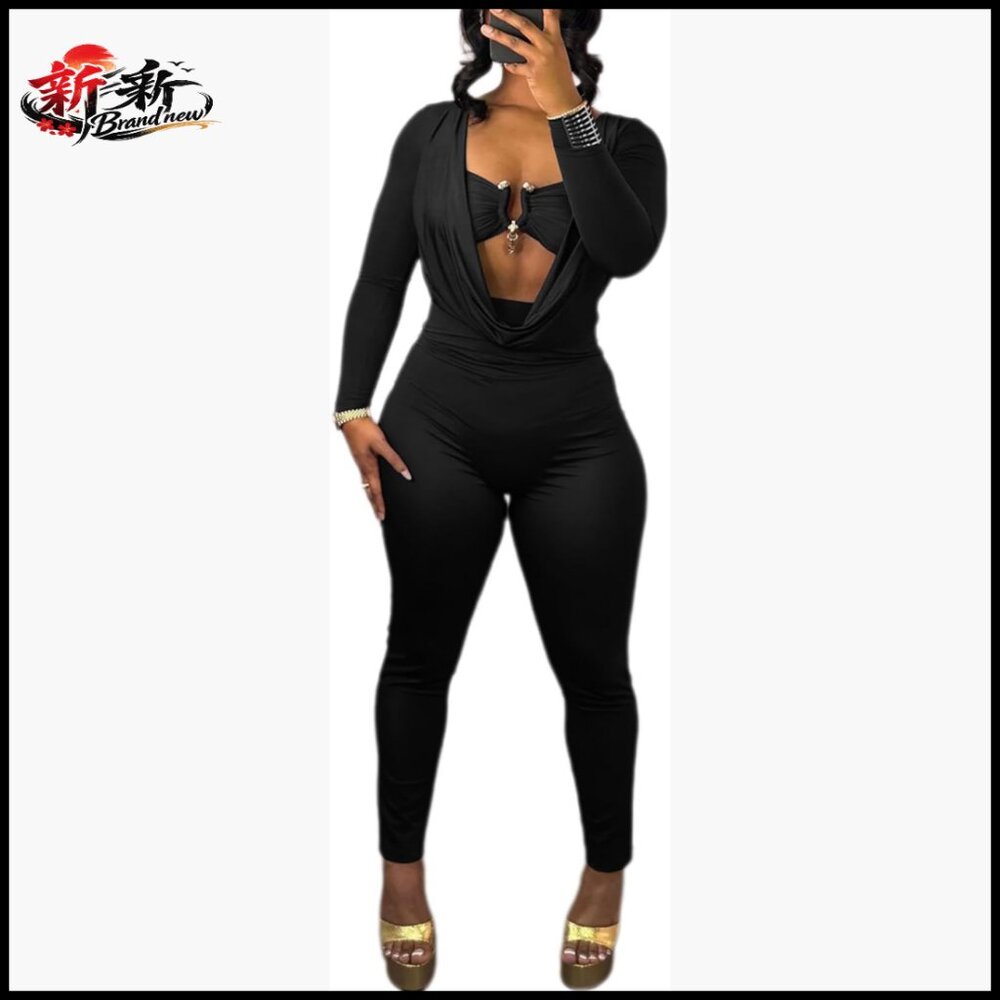 Polyester Jumpsuit Deep V Neck Long Sleeve Cut Out Bodycon